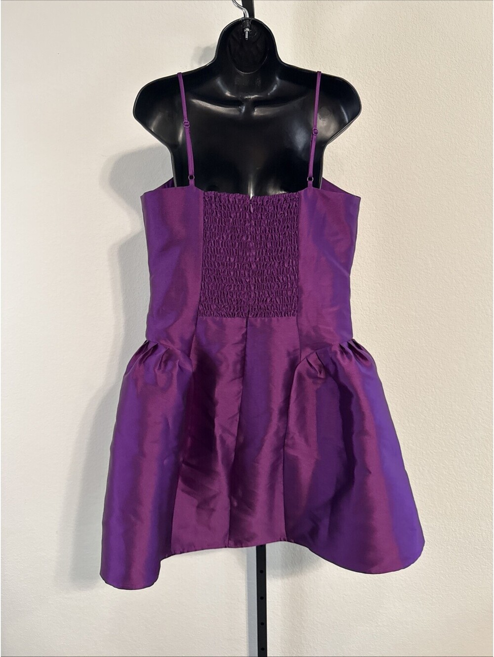 NWT Express Purple Satin Sweetheart Drop Waist Smocked Back Mini Dress 14 - Picture 6 of 9